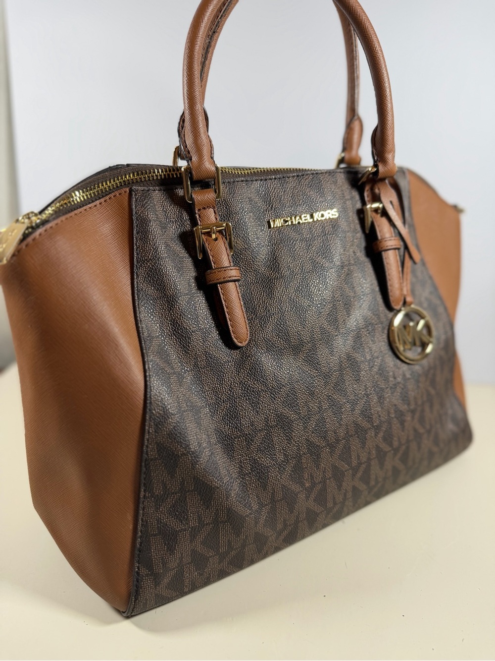 Michael Kors Brown Logo Dome Satchel with Tan Trim and Gold Hardware - Picture 2 of 9